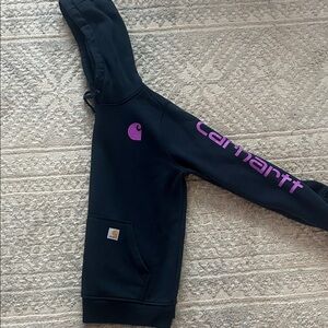 Carhartt women’s Navy Hoodie with Purple Logo